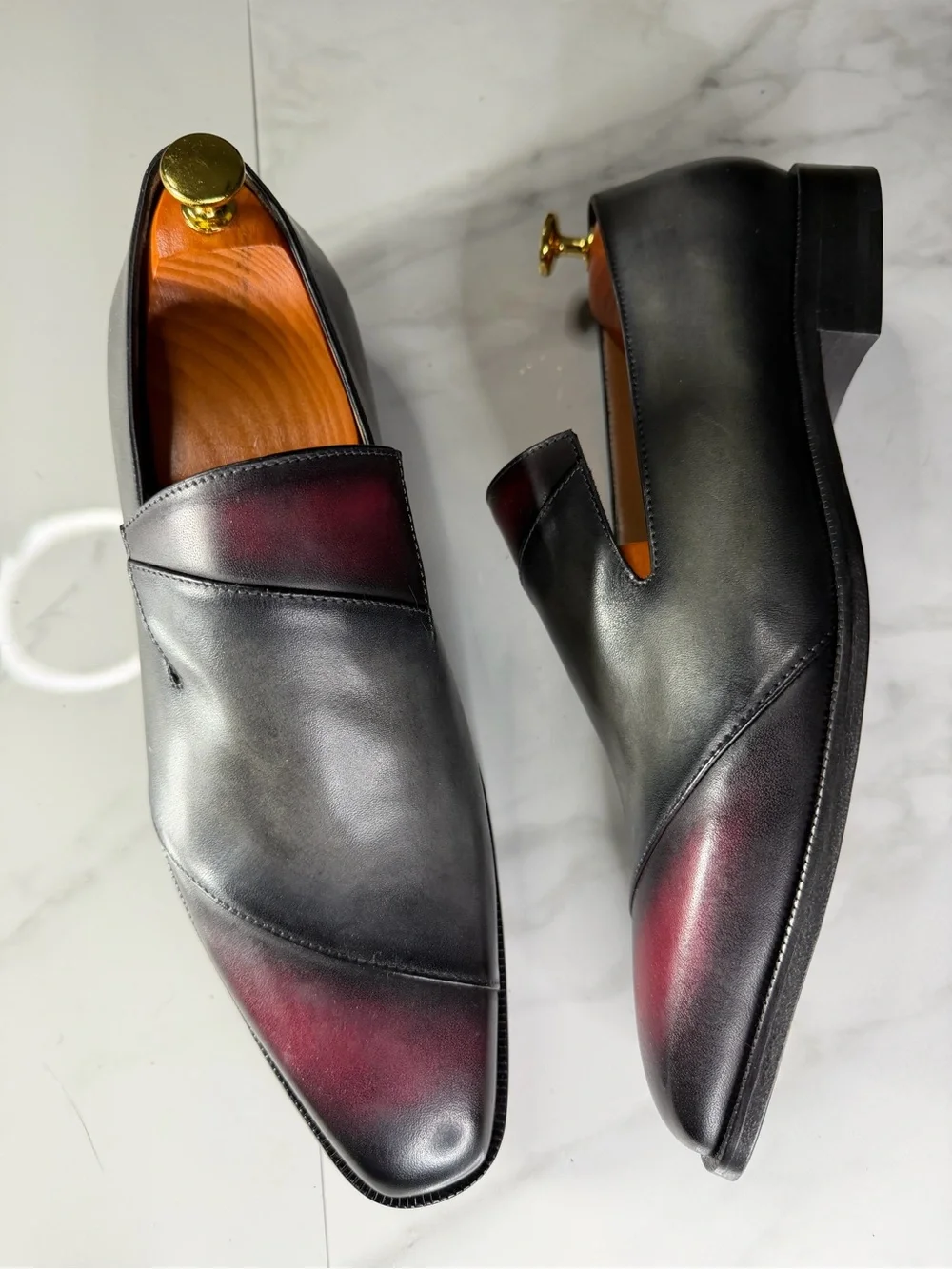 Men's Black Leather Slip-On Loafers with Burgundy Patina